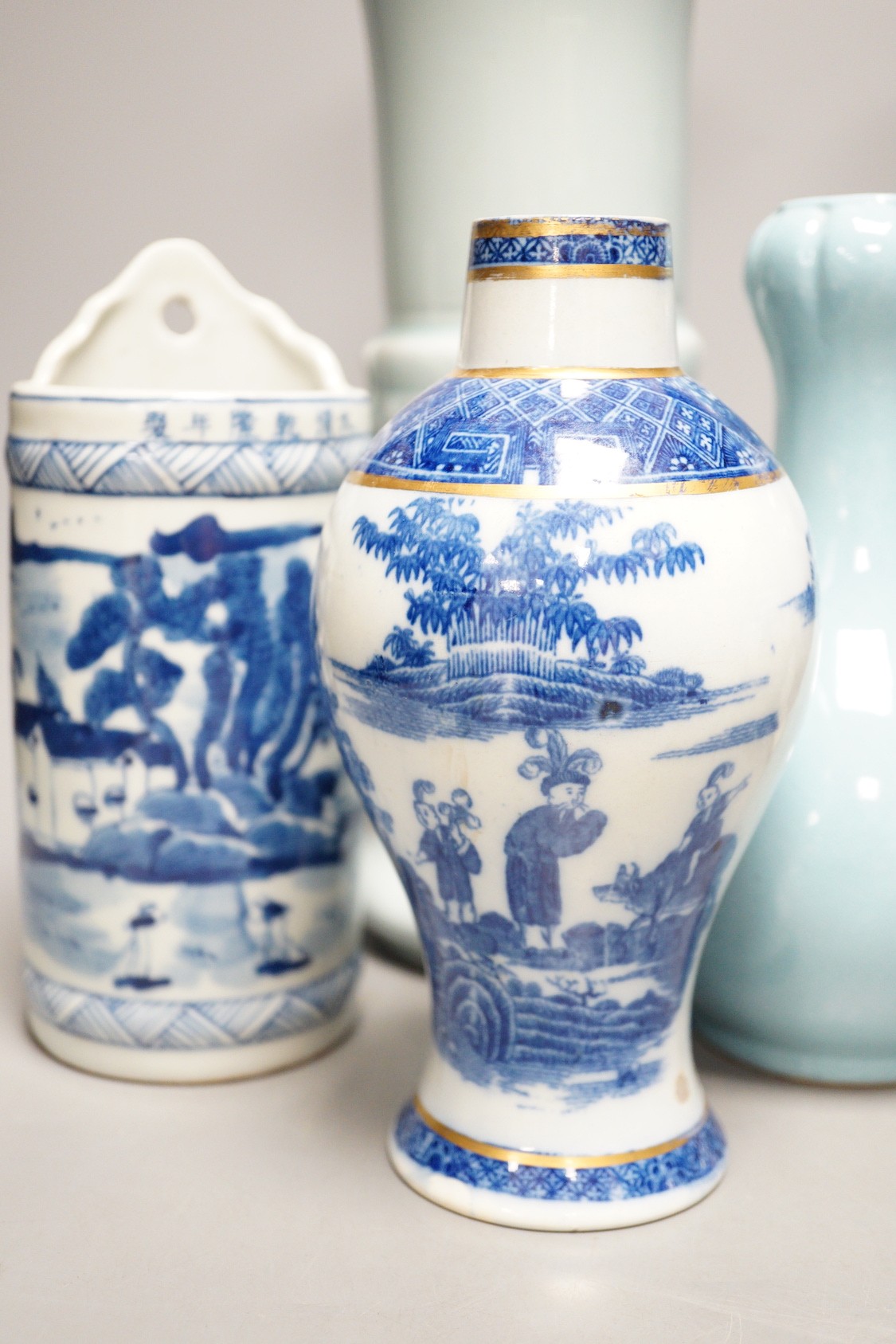 A Chinese blue and white vase, two jars, a beaker vase, a double gourd vase and a pearlware vase, tallest 31cm